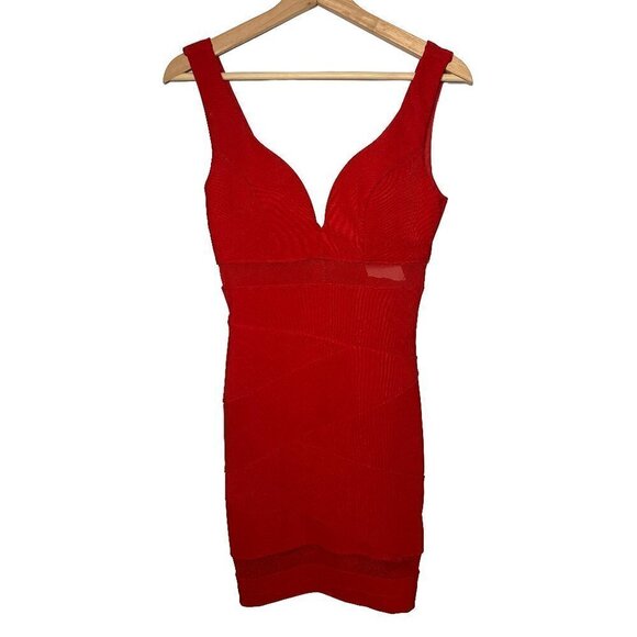 Emerald Sundae Illusion Stretch Bodycon Red Dress - Picture 2 of 7